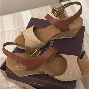Clarks Tan and Brown Wedge Sandals with Adjustable Straps